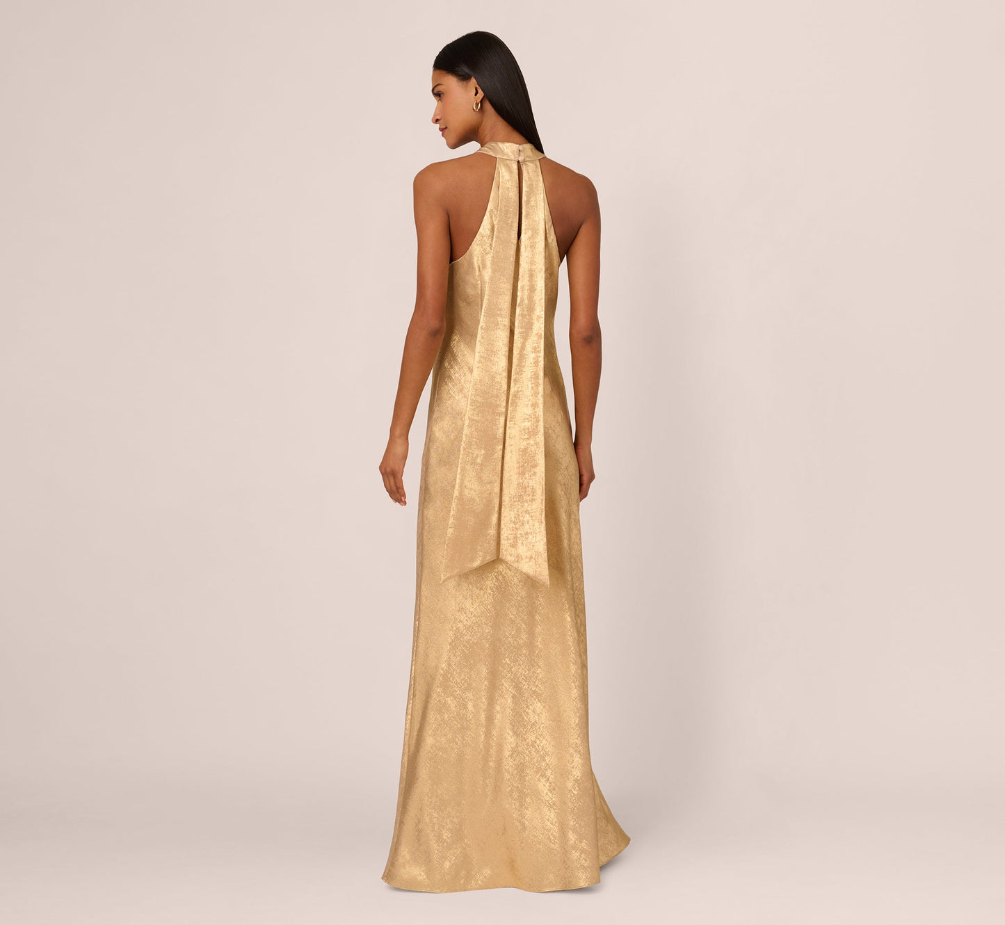 Foiled Mermaid Gown With Halter Neckline In Light Gold