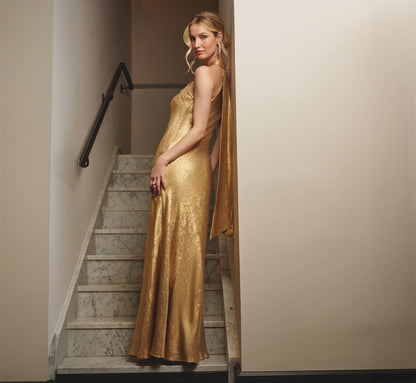 Foiled Mermaid Gown With Halter Neckline In Light Gold