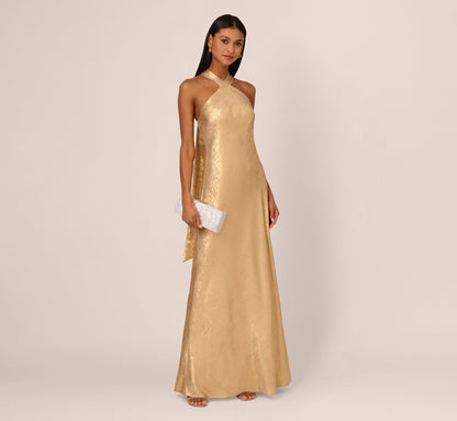 Foiled Mermaid Gown With Halter Neckline In Light Gold
