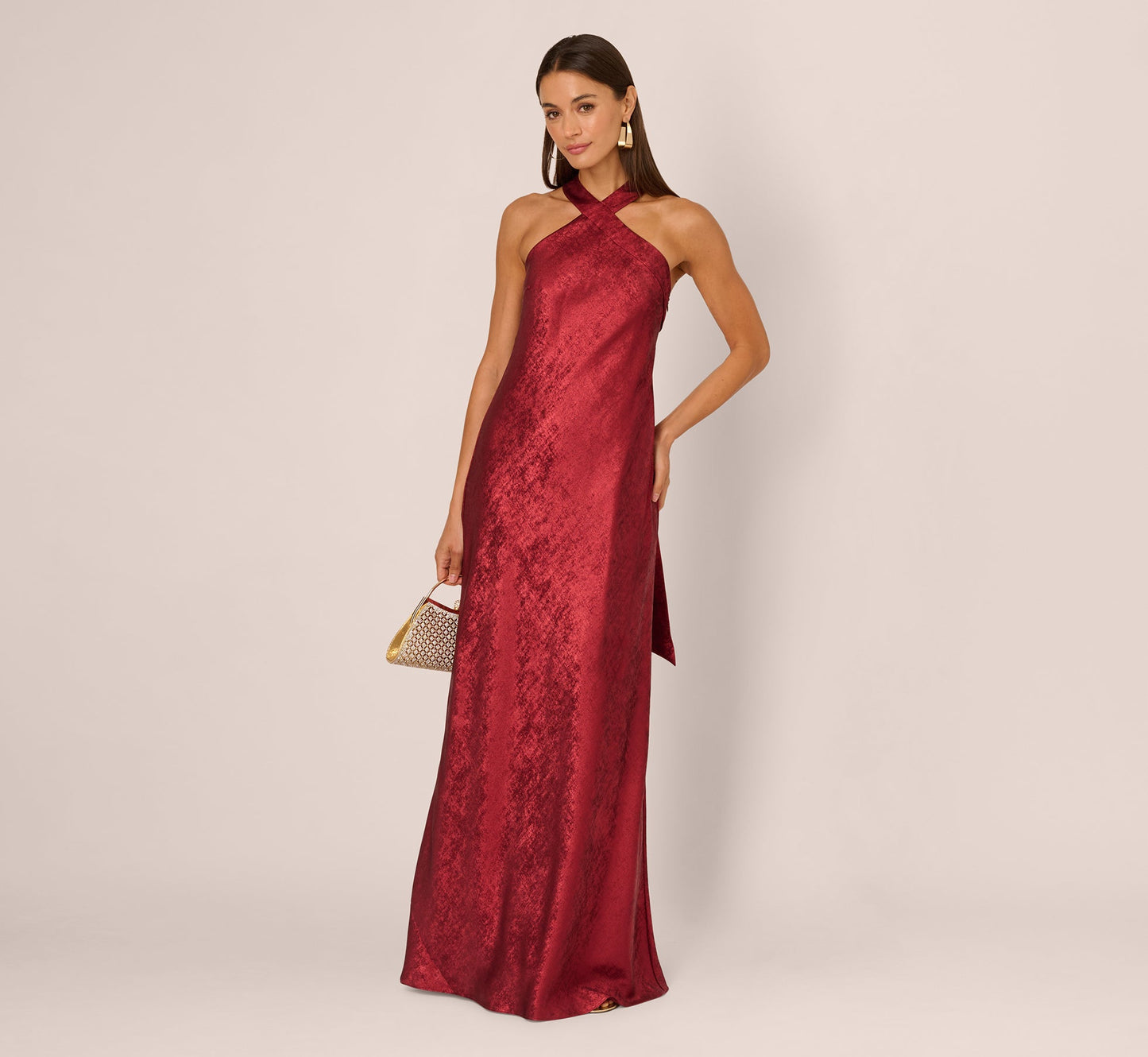 Foiled Mermaid Gown With Halter Neckline In Wine