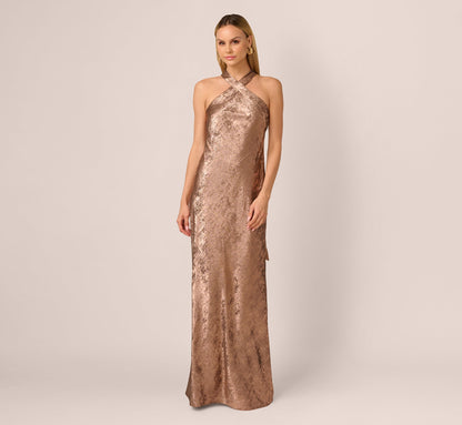 Foiled Mermaid Gown With Halter Neckline In Mocha