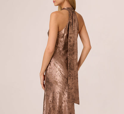 Foiled Mermaid Gown With Halter Neckline In Mocha