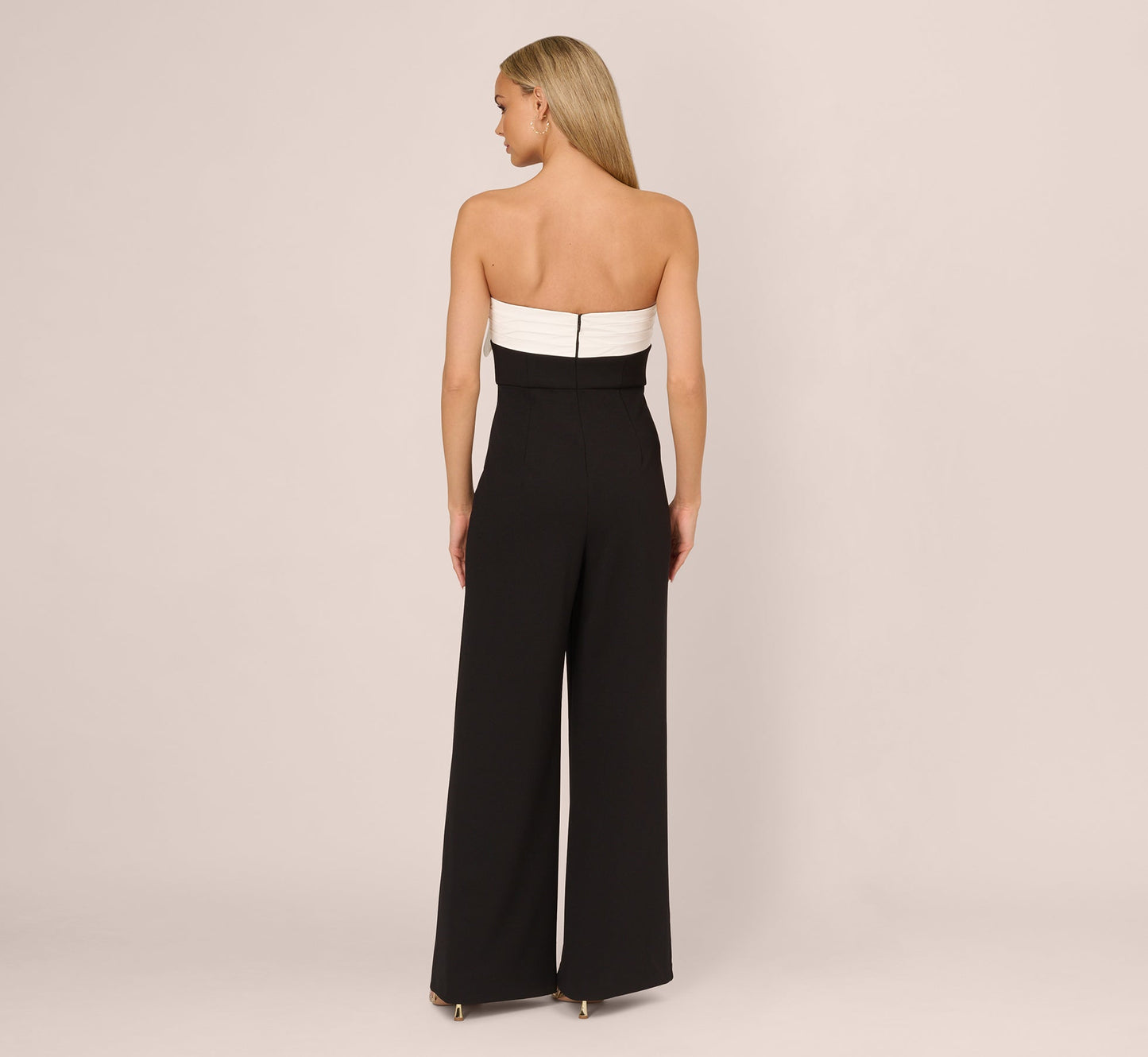 Colorblock Crepe Strapless Jumpsuit With Bow Accent In Black White