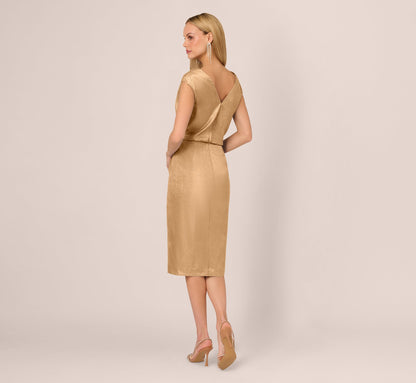 Foil Blouson Midi Dress With Faux Wrap Skirt In Light Gold