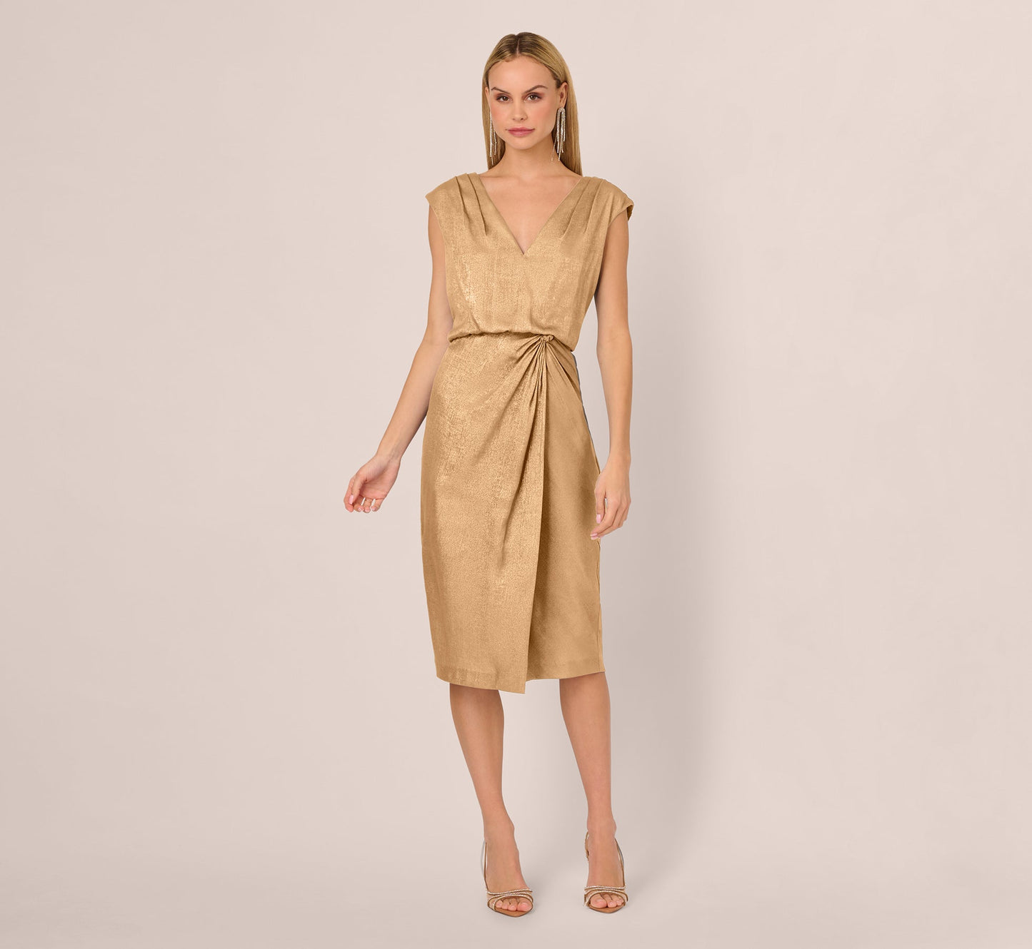 Foil Blouson Midi Dress With Faux Wrap Skirt In Light Gold