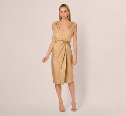 Foil Blouson Midi Dress With Faux Wrap Skirt In Light Gold