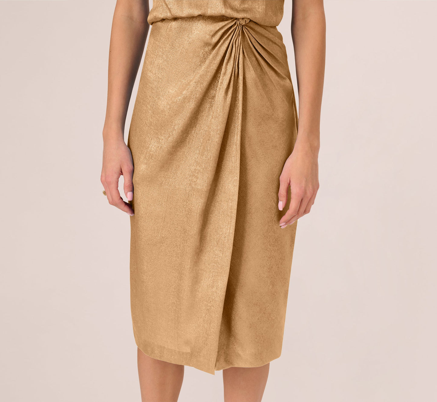 Foil Blouson Midi Dress With Faux Wrap Skirt In Light Gold