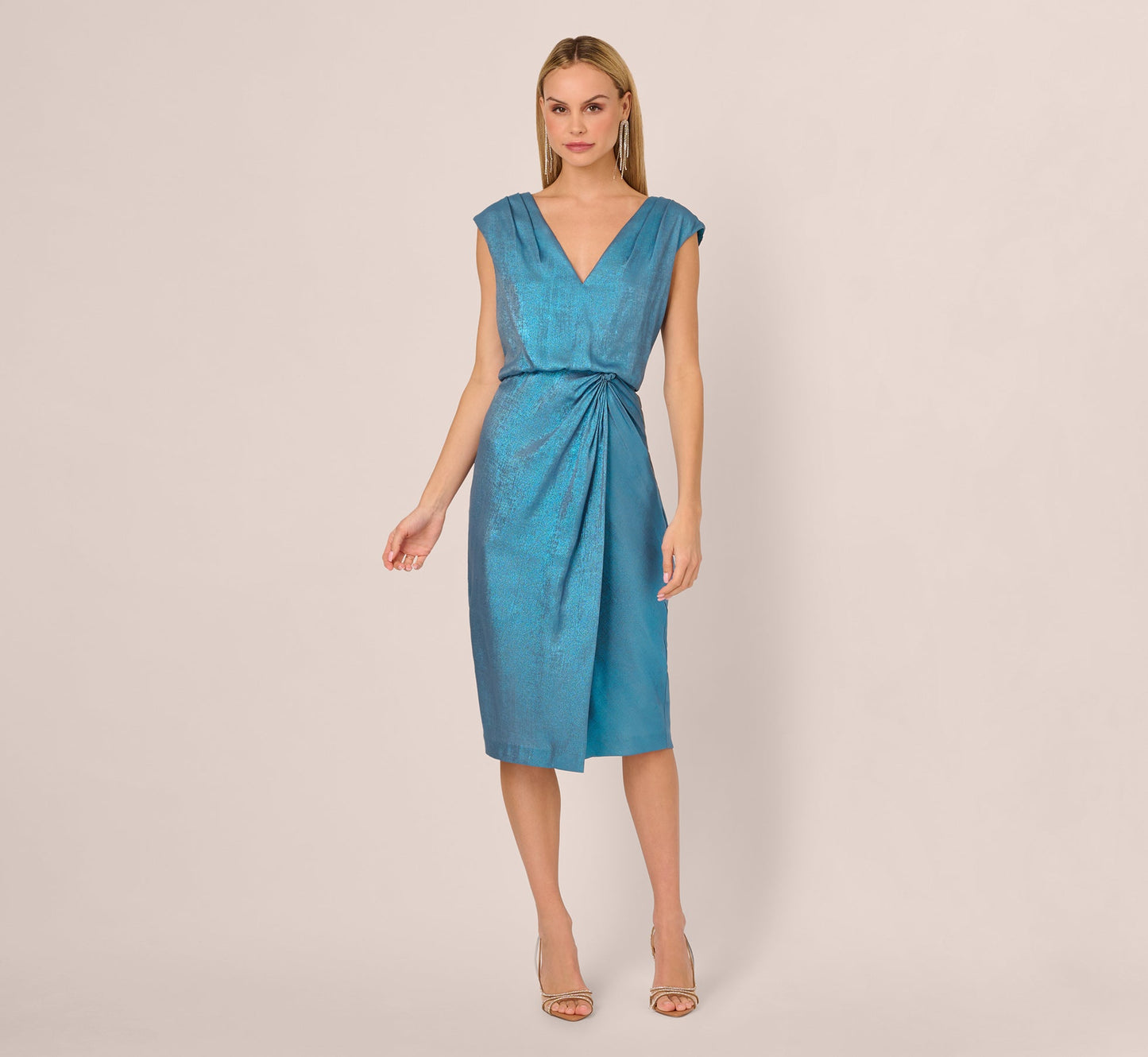 Foil Blouson Midi Dress With Faux Wrap Skirt In Ocean Dream