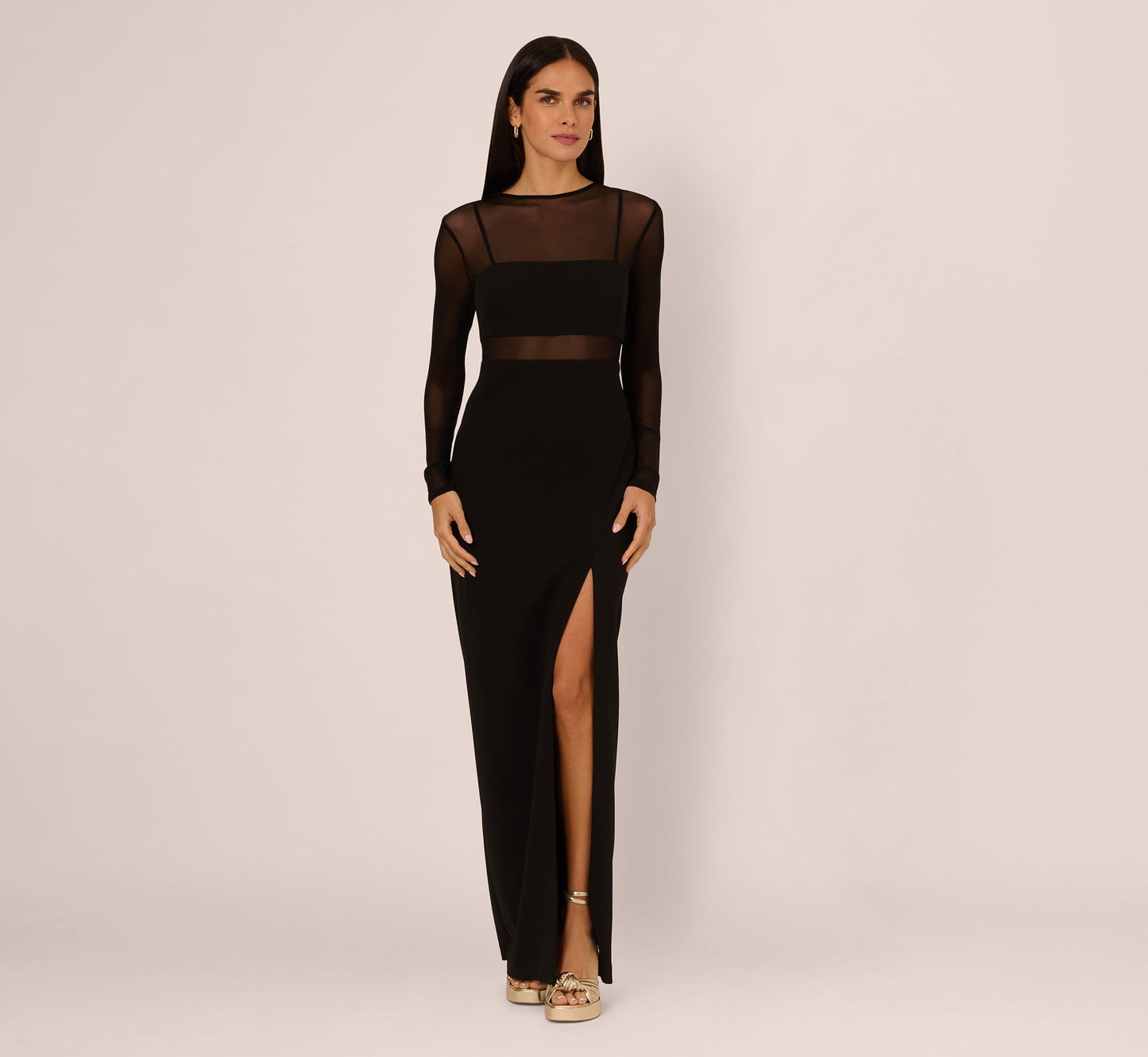 Long Sleeve Knit Crepe Mesh Illusion Column Dress In Black