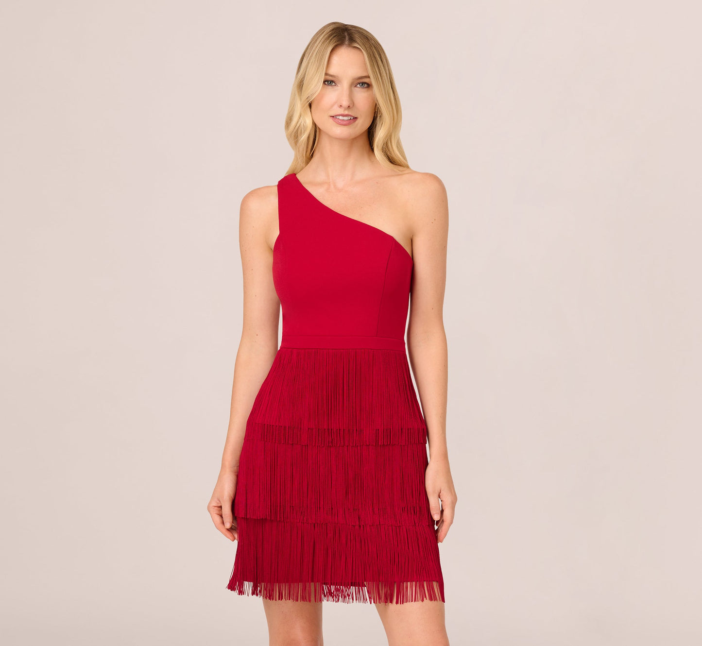 One Shoulder Fringe Mini Dress In Matador Red
