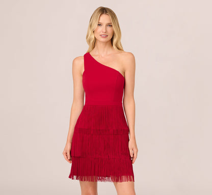 One Shoulder Fringe Mini Dress In Matador Red
