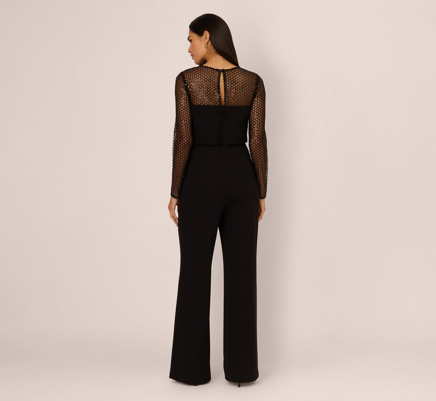 Long Sleeve Sequin Mesh Detail Jumpsuit In Black