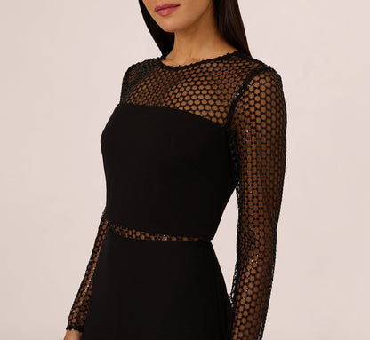 Long Sleeve Sequin Mesh Detail Jumpsuit In Black
