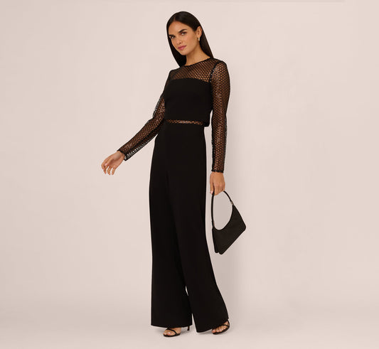 Long Sleeve Sequin Mesh Detail Jumpsuit In Black