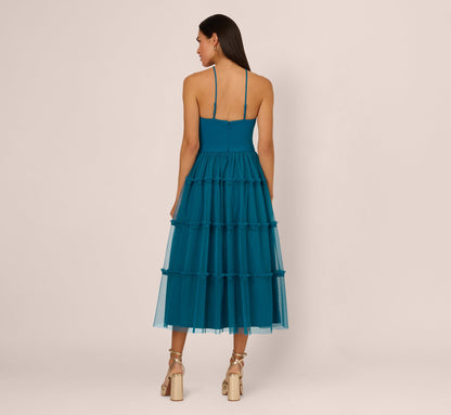 Knit And Mesh Tiered Midi Halter Dress In Peacock
