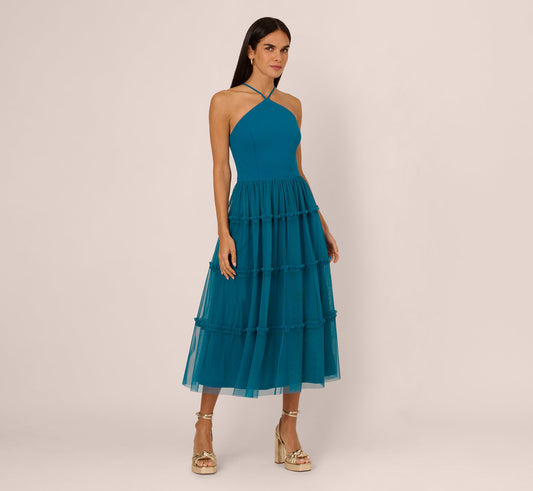 Knit And Mesh Tiered Midi Halter Dress In Peacock