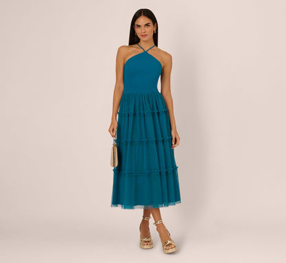 Knit And Mesh Tiered Midi Halter Dress In Peacock