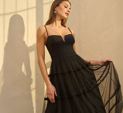 Sleeveless Notch Neck Tiered Mesh Gown In Black