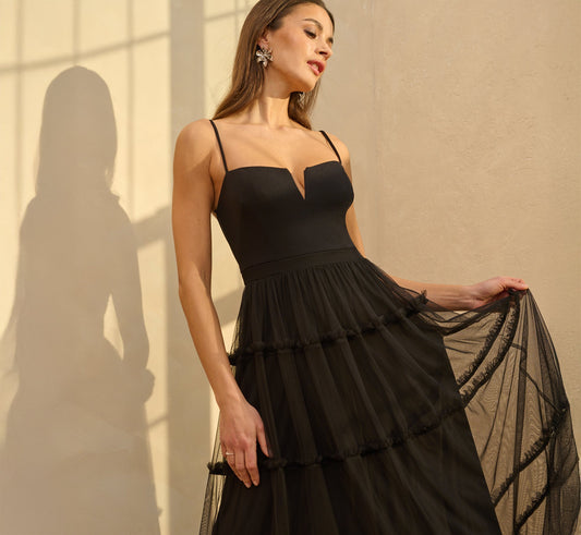 Sleeveless Notch Neck Tiered Mesh Gown In Black