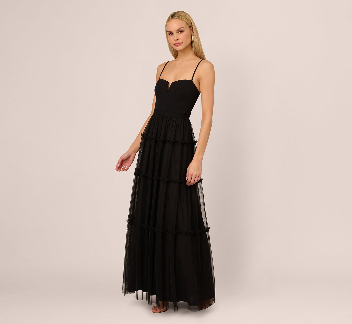 Sleeveless Notch Neck Tiered Mesh Gown In Black