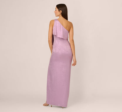 One Shoulder Foil Draped Popover Gown In Light Purple