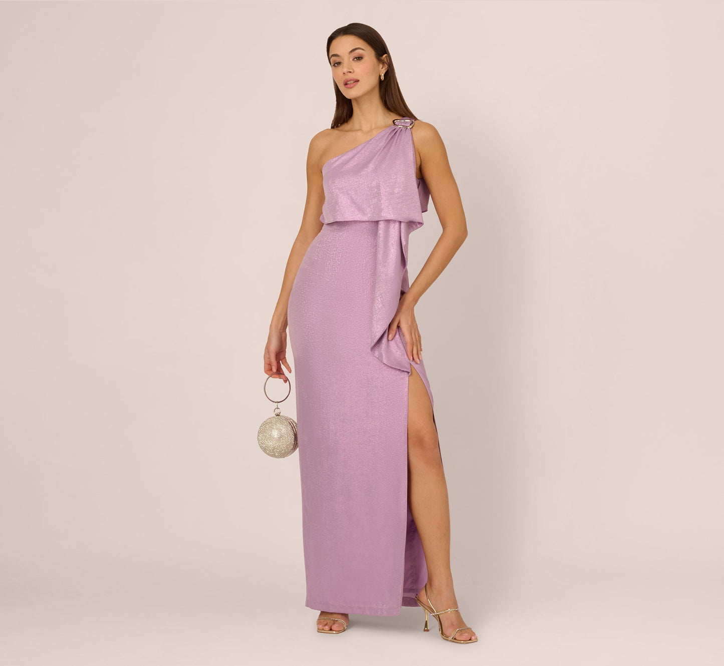One Shoulder Foil Draped Popover Gown In Light Purple