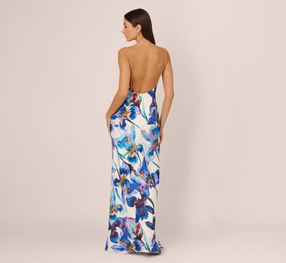 Embellished Strap Floral Satin Slip Dress In Blue Ivory Multi