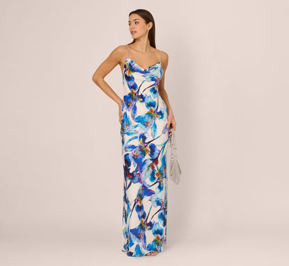 Embellished Strap Floral Satin Slip Dress In Blue Ivory Multi