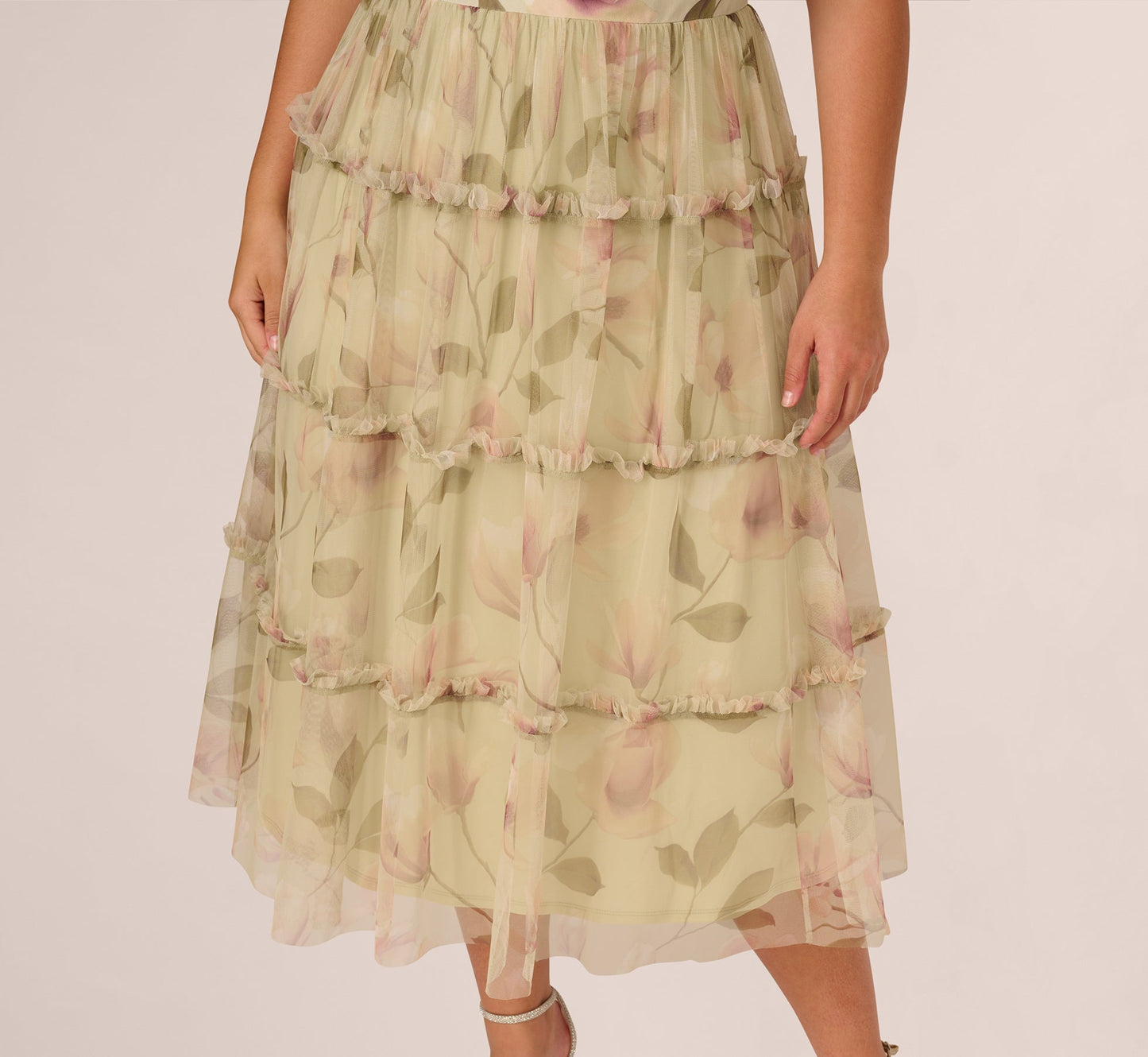 Plus Size Sleeveless Square Neck Floral Tiered Midi Dress In Green Multi