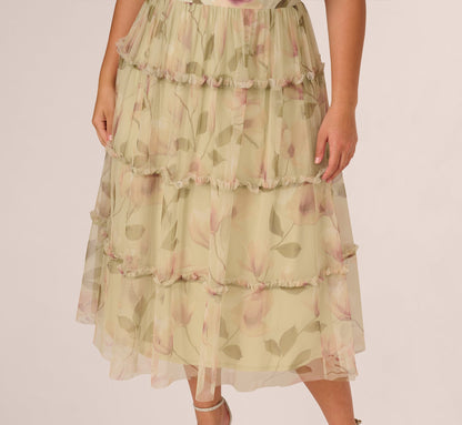 Plus Size Sleeveless Square Neck Floral Tiered Midi Dress In Green Multi