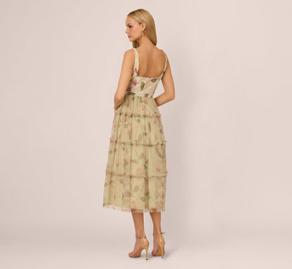 Sleeveless Square Neck Floral Tiered Midi Dress In Green Multi
