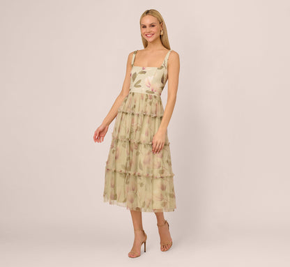 Sleeveless Square Neck Floral Tiered Midi Dress In Green Multi