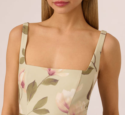 Sleeveless Square Neck Floral Tiered Midi Dress In Green Multi