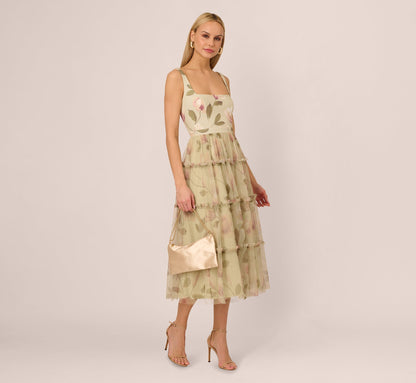Sleeveless Square Neck Floral Tiered Midi Dress In Green Multi