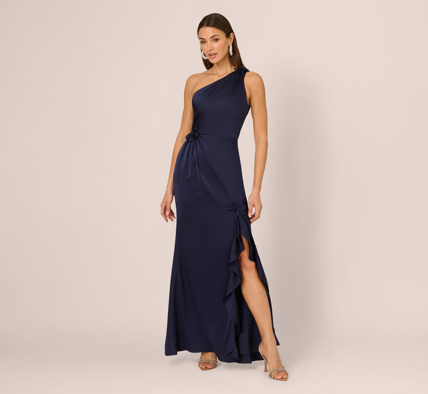 One Shoulder Satin Floral Applique Gown In Dark Navy