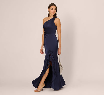 One Shoulder Satin Floral Applique Gown In Dark Navy