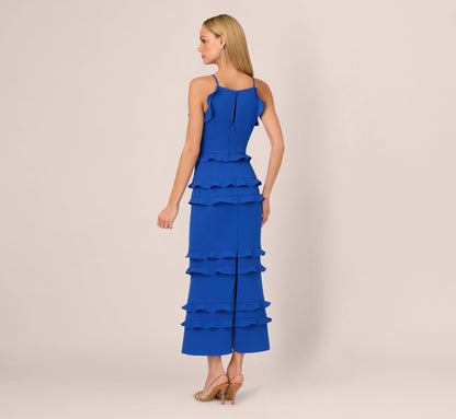 Sleeveless Crepe Flounce Midi Dress In True Blue