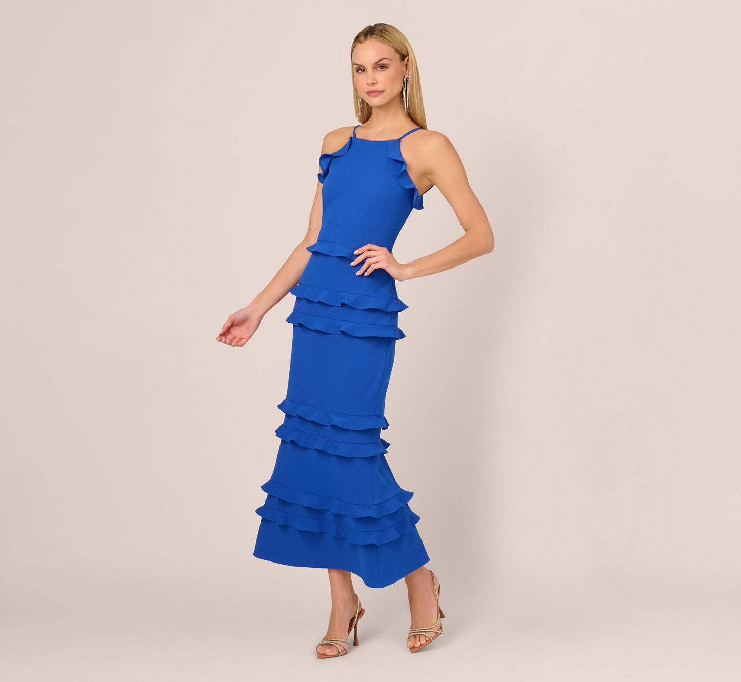 Sleeveless Crepe Flounce Midi Dress In True Blue