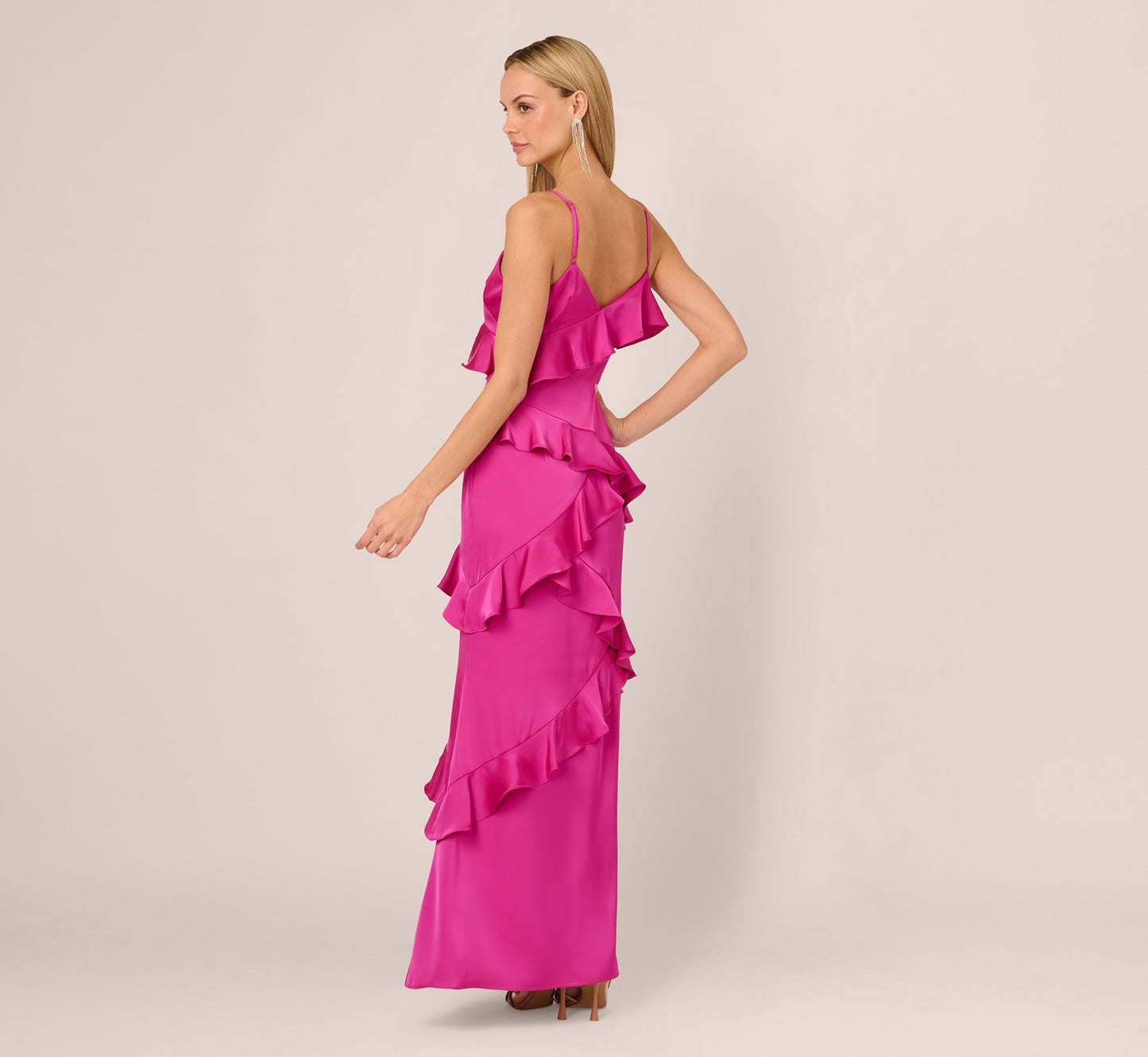 Satin Cascade Ruffle Slip Gown In Electric Passion