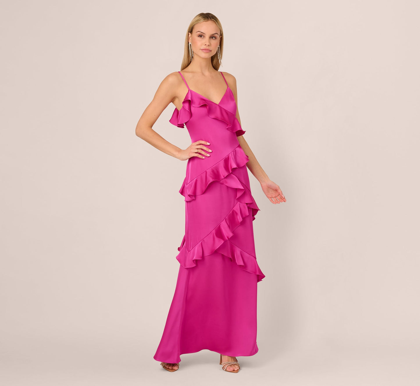 Satin Cascade Ruffle Slip Gown In Electric Passion