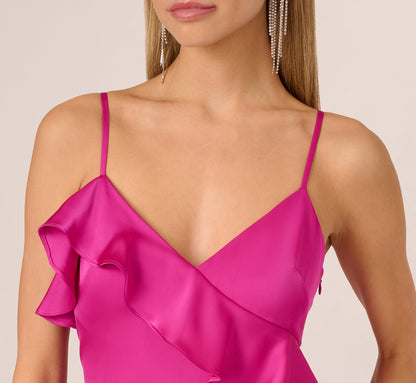 Satin Cascade Ruffle Slip Gown In Electric Passion