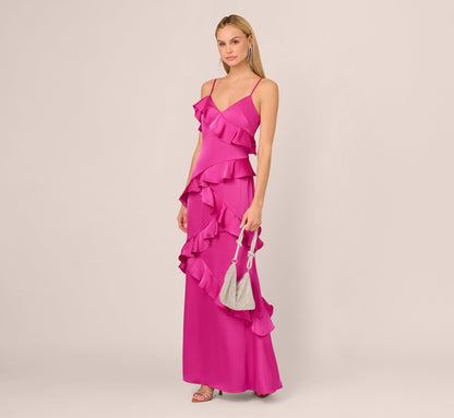 Satin Cascade Ruffle Slip Gown In Electric Passion