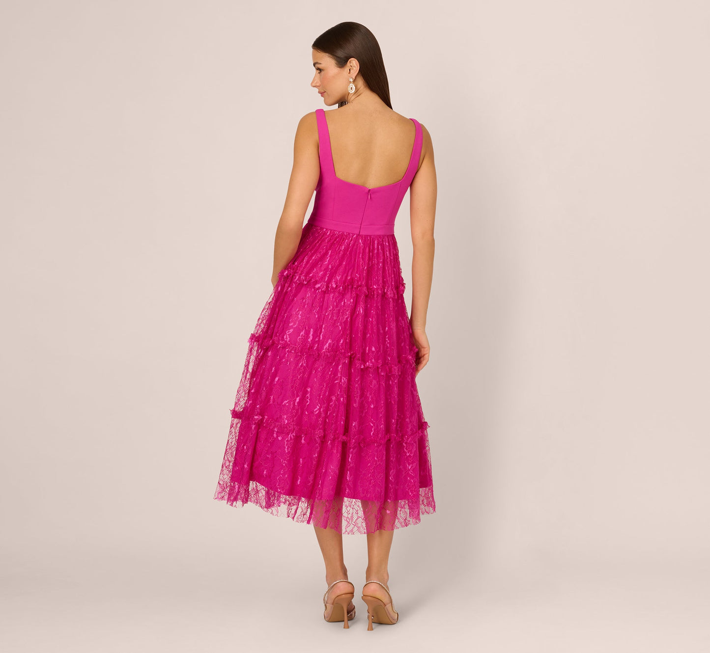 Sleeveless Square Neck Tiered Lace Midi Dress In Electric Passion
