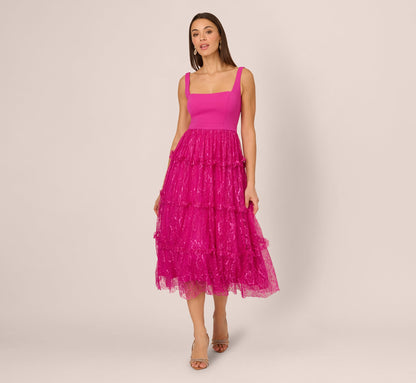 Sleeveless Square Neck Tiered Lace Midi Dress In Electric Passion