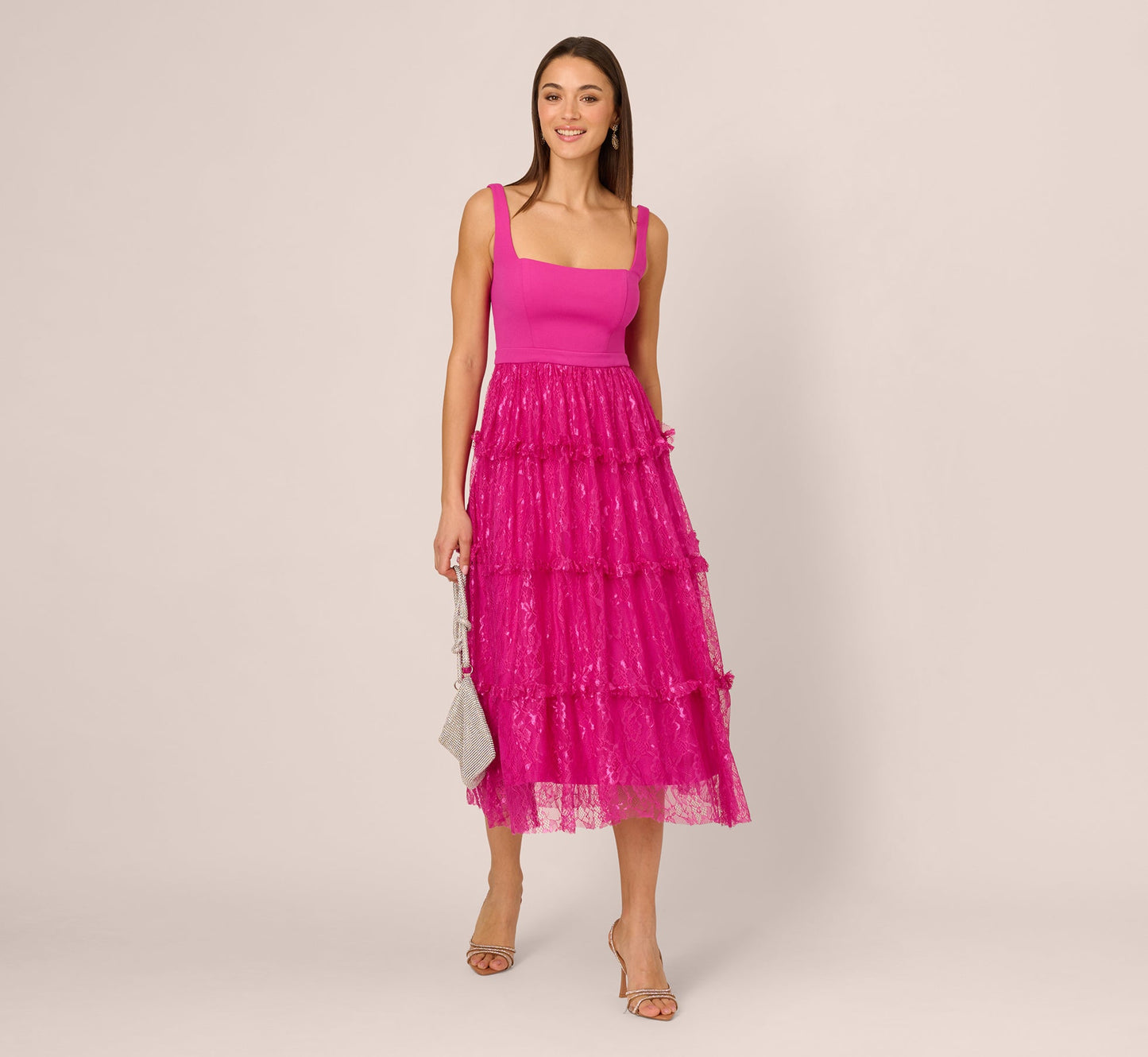 Sleeveless Square Neck Tiered Lace Midi Dress In Electric Passion