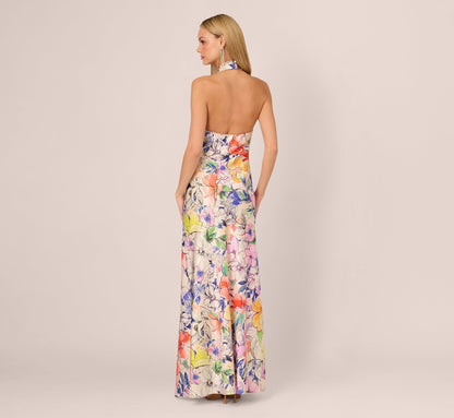 Bias Cut Floral Satin Halter Gown In Ivory Multi