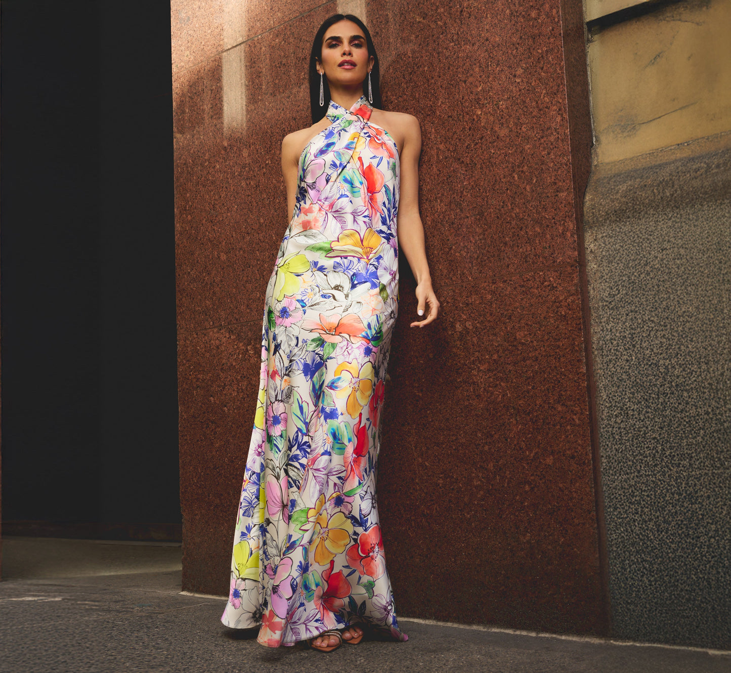 Bias Cut Floral Satin Halter Gown In Ivory Multi