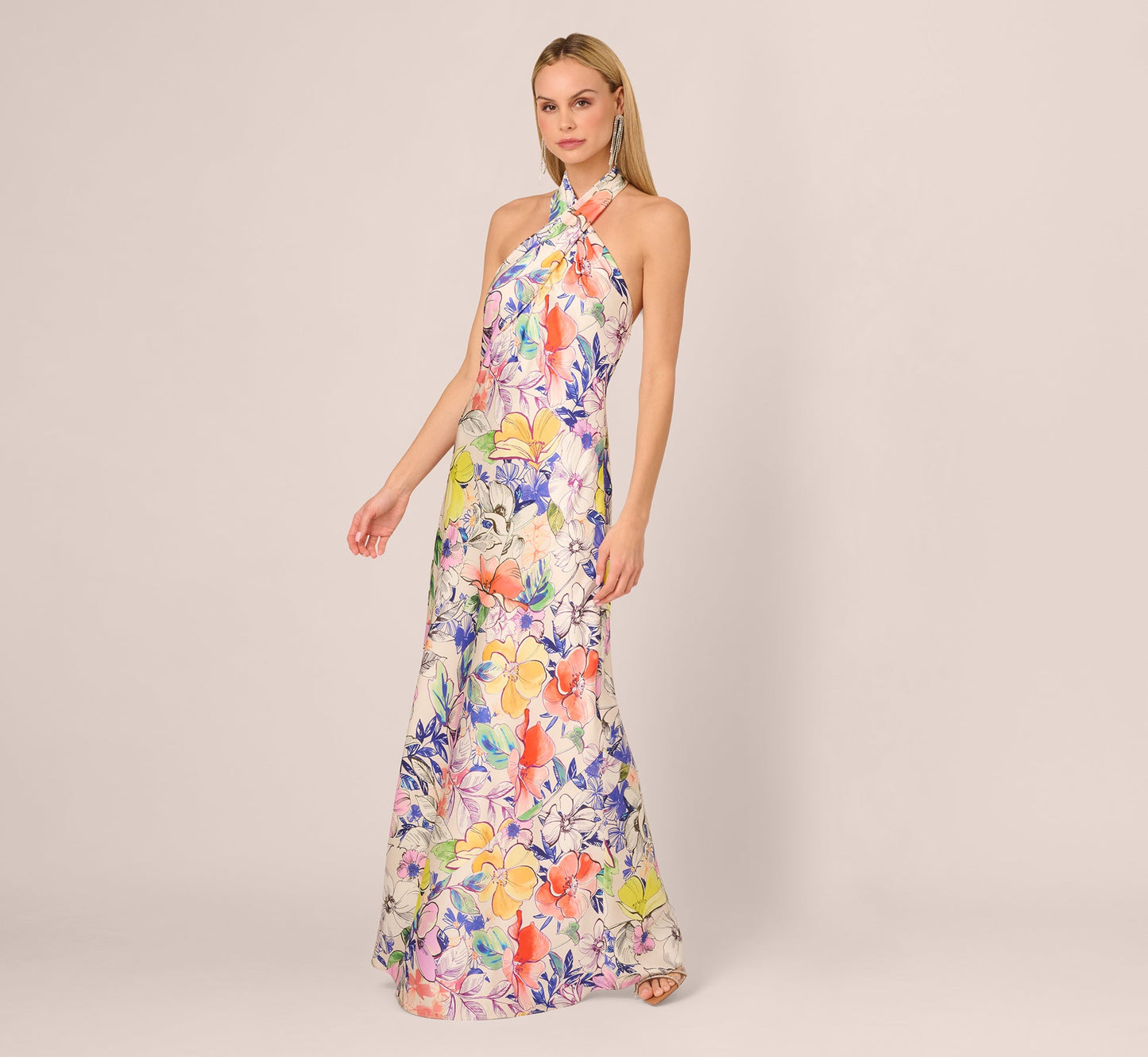 Bias Cut Floral Satin Halter Gown In Ivory Multi