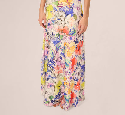 Bias Cut Floral Satin Halter Gown In Ivory Multi