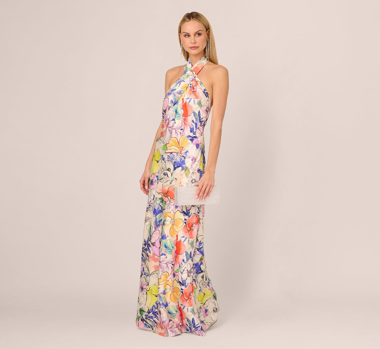 Bias Cut Floral Satin Halter Gown In Ivory Multi